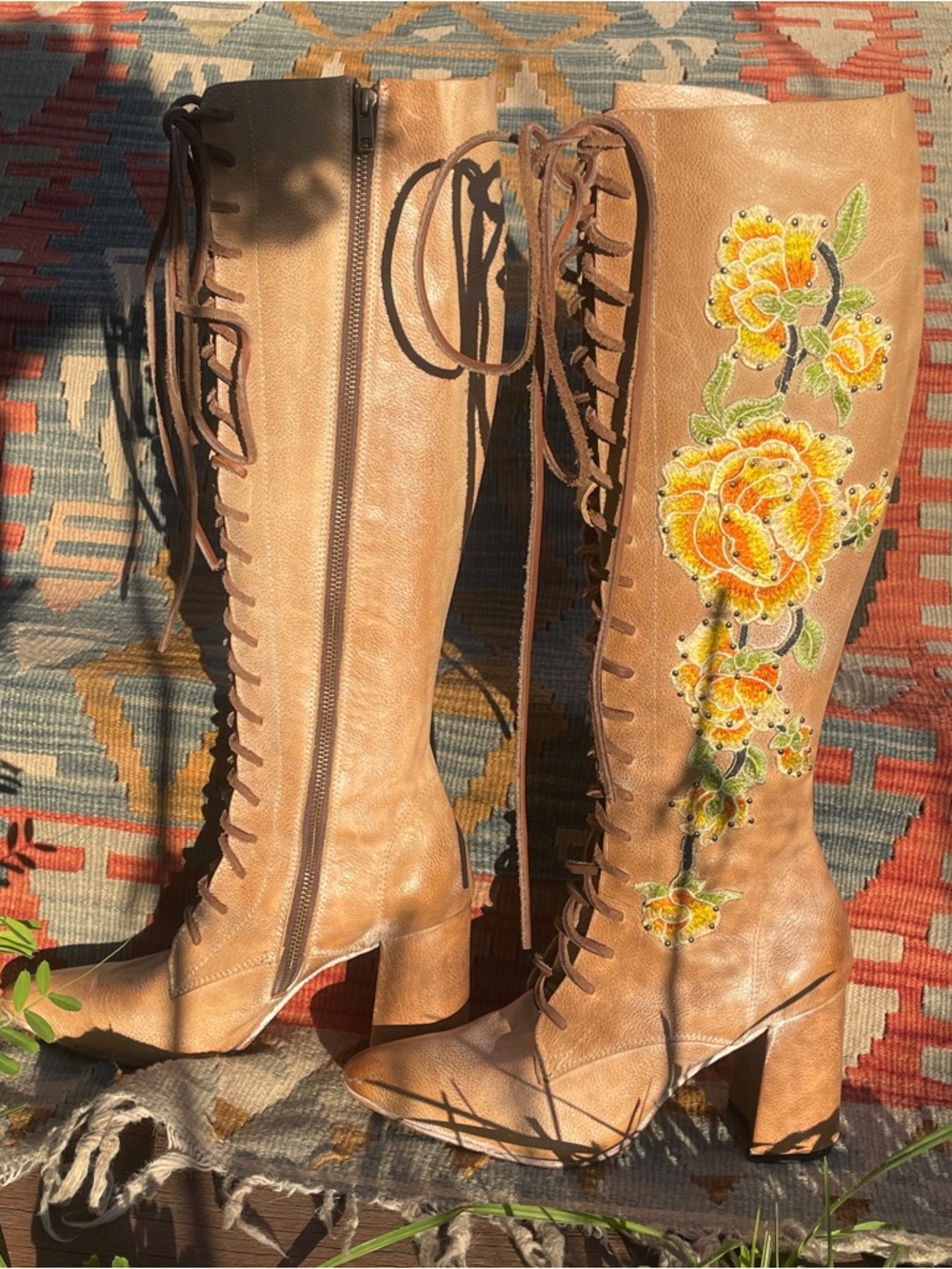 Frye Tan Lace-Up Knee-High Boots with Yellow Floral Embroidery